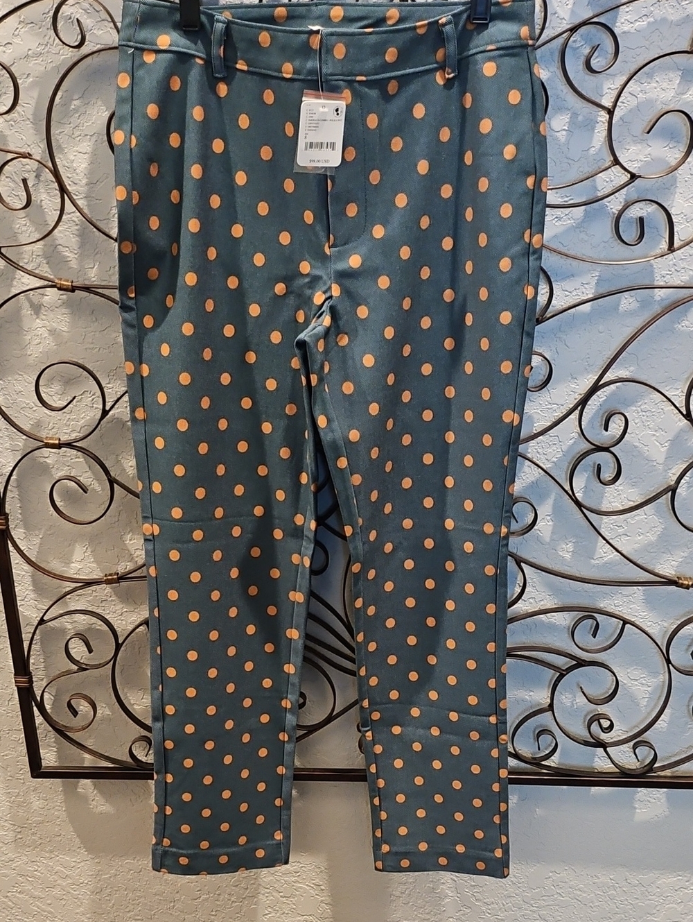 Free People Teal Pants with Peach Polka Dots